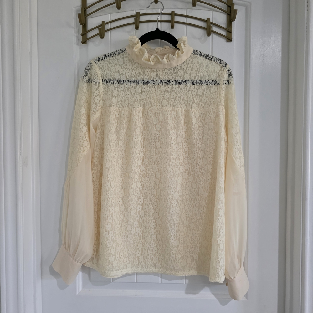 Tuckernuck High Neck Long Sleeve Cream Lace Rosalee Blouse XL